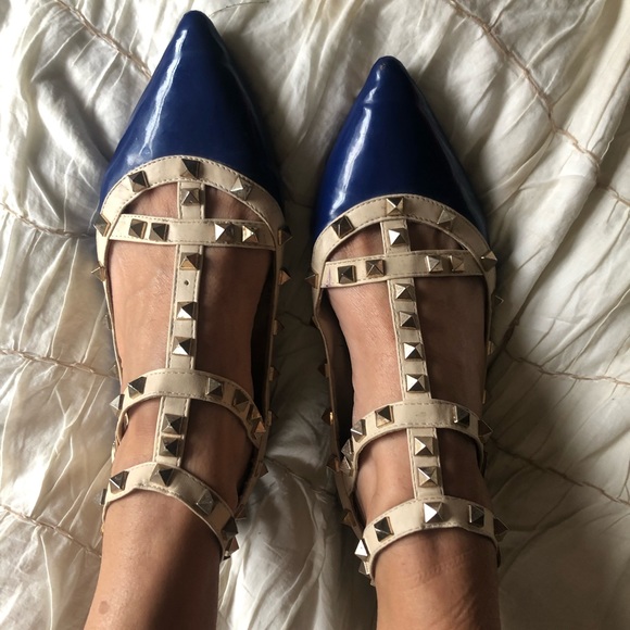 Blue / beige Vynil studded flats sz. 7 - Picture 6 of 13
